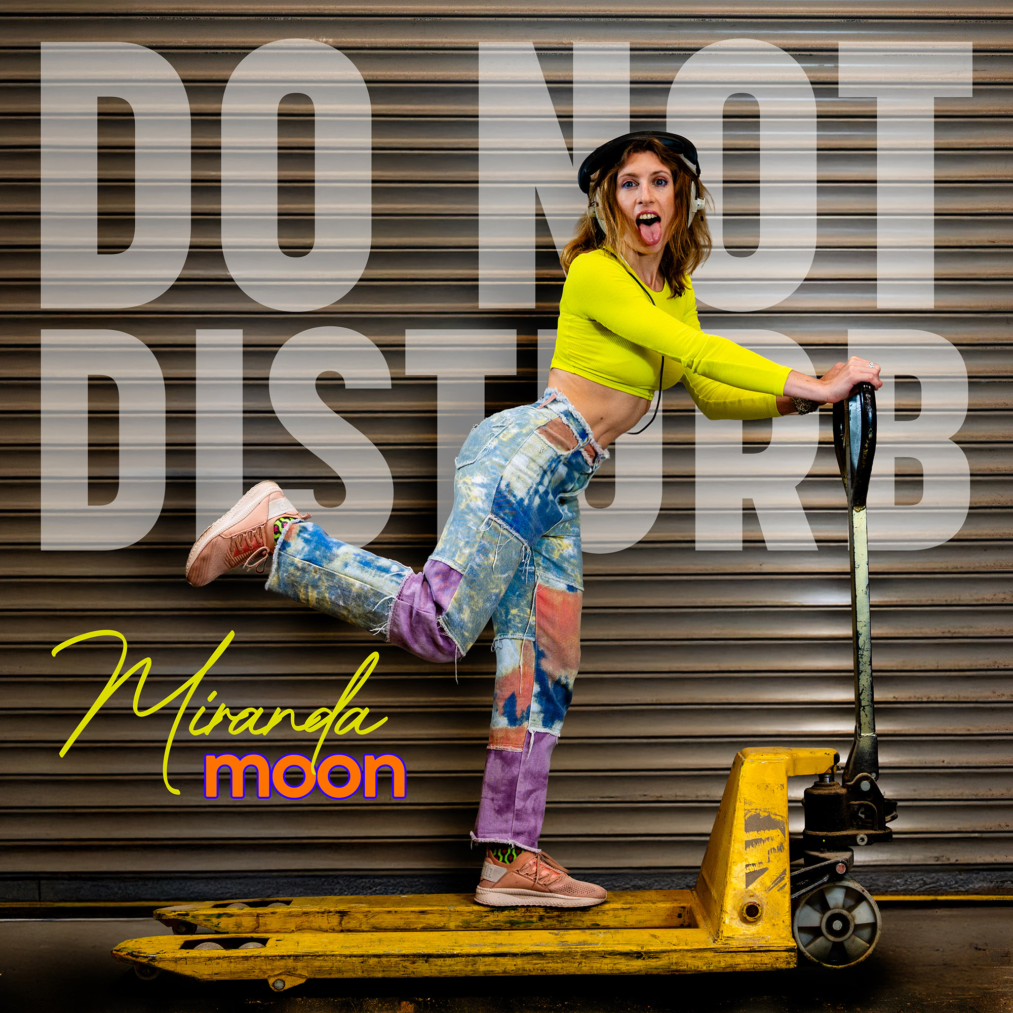 Do Not Disturb square artwork featuring Miranda Moon on a yellow pallet truck